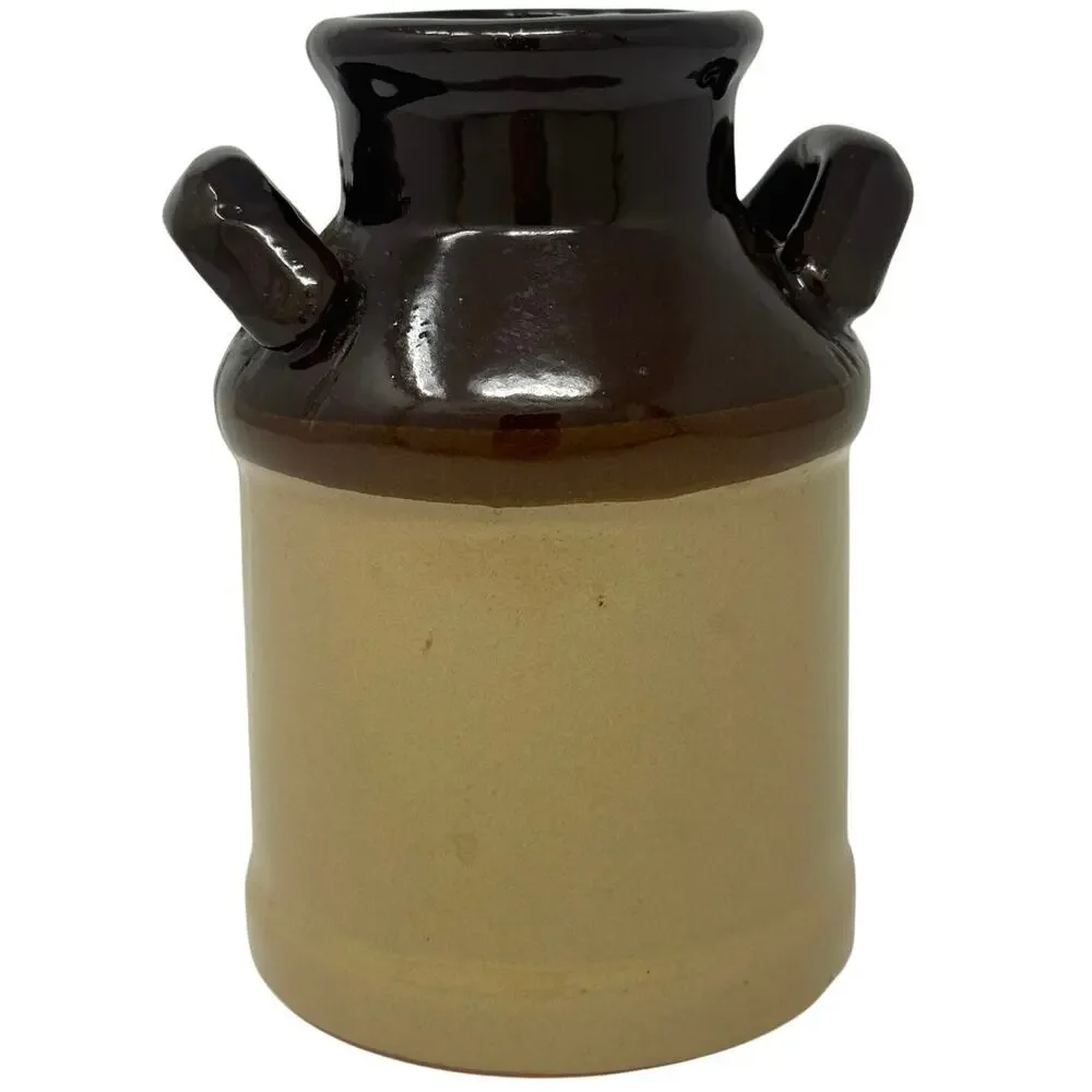 Vintage 70s Stoneware Milk Jug Brown Tan Glaze Rustic Farmhouse Decor